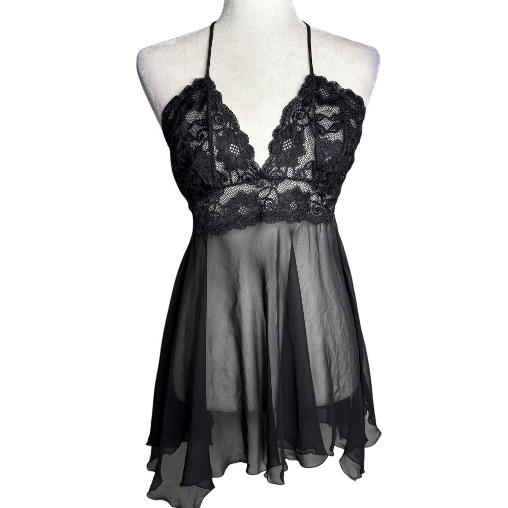 Sheer Black Lace Babydoll Lingerie With Halter Neck Tie Back Shirley M/L